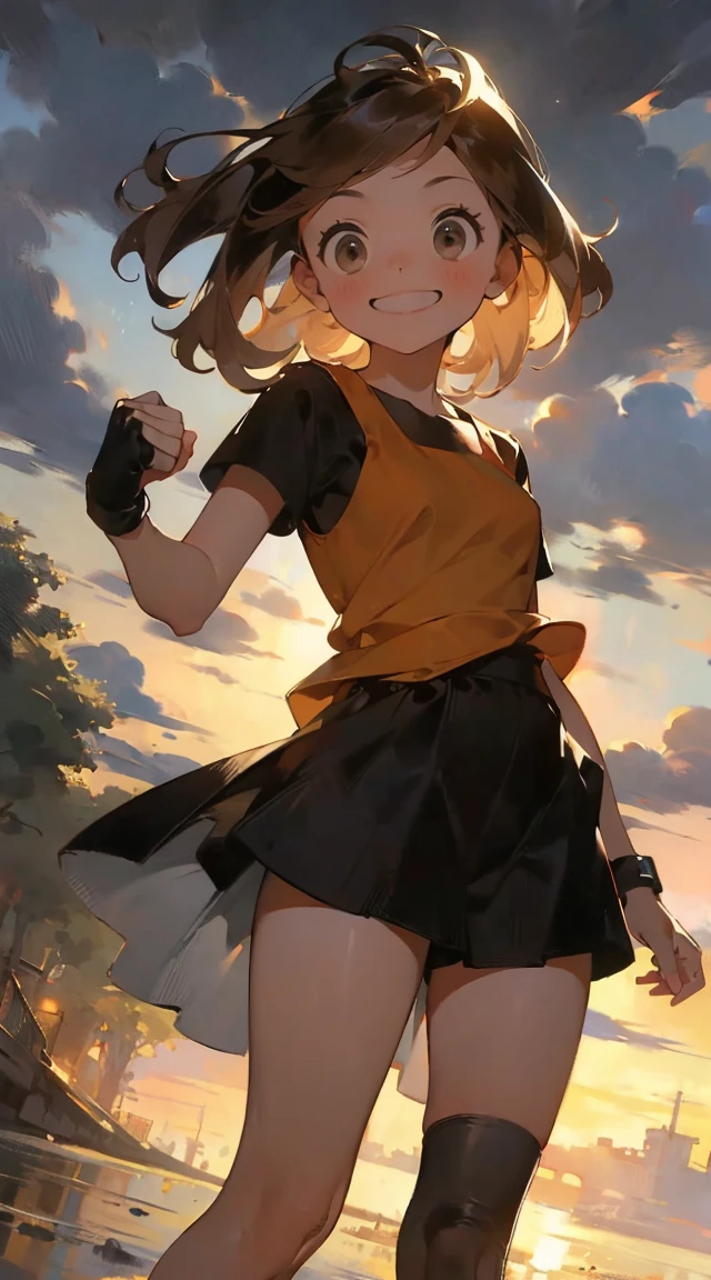 (1girl, Alone, short gold to green gradation hair,brown eyes,slented eyes,tsurime,grin), (gym uniform,blue buruma,fingerless gloves,black thighhighs,sneaker),(fighting,fire on hand,red fighting aura), (outdoor,empty park,sunset), ((masterpiece)), ((best quality)), (ultra-detailed), AddXL, clear line, highquality, best quality, Masterpeace, Riding a bike, TONE UP ,Slanted Eyes,Friendly and cute , no bangs 