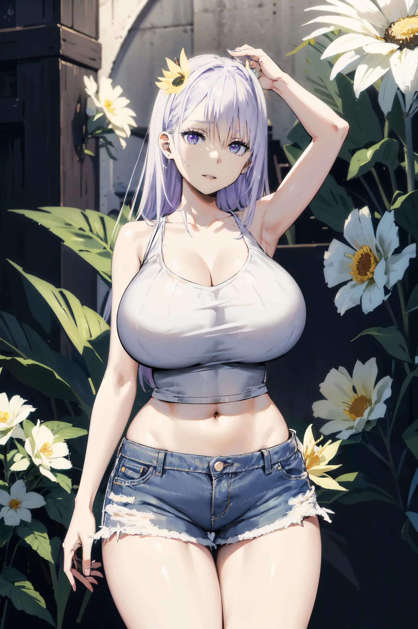 silver hair, very huge tits , (( white tank top, short pants jeans)), ((flower hairclip)), thick, busty, purple eyes, long hair, upperbody, smile, legs, thigh, flower background, navel