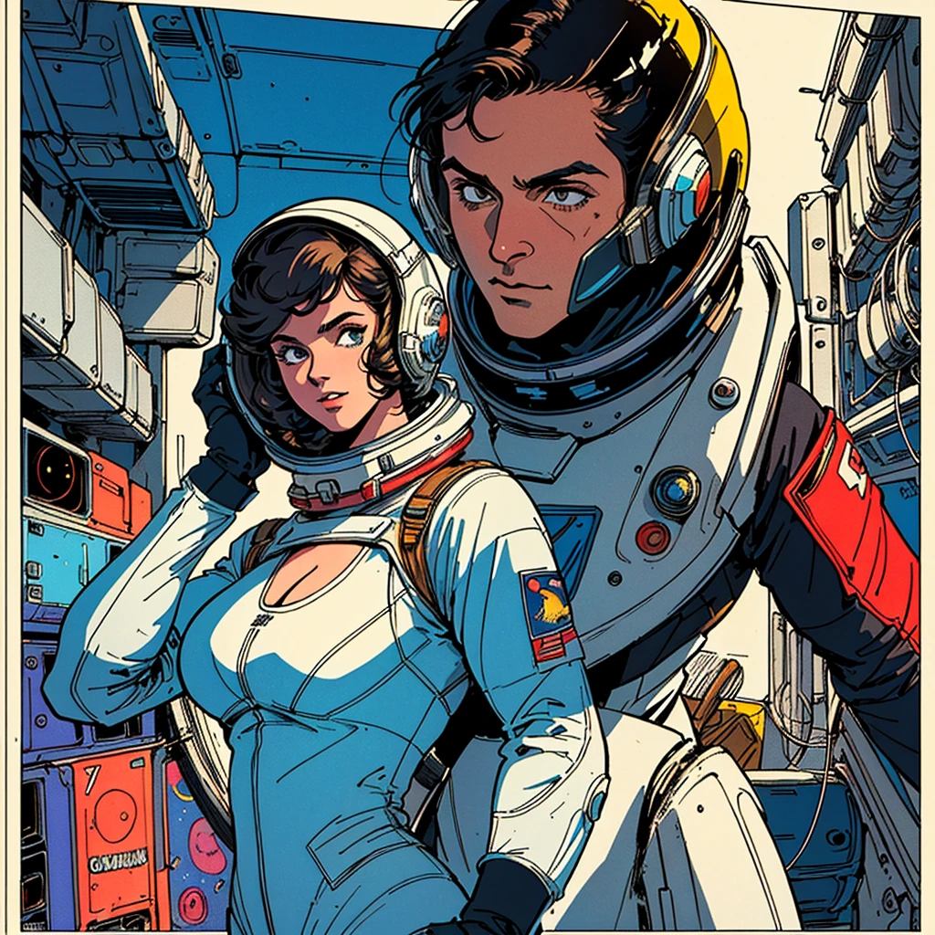 ((( Best Quality Masterpiece ))),(Lonely Goddess),(spacesuit that emphasizes cleavage ),((( 70s and 80s space thriller movie posters))),( American Comics ),((( retro vintage style ))),Overwhelmingly complex depiction,Absolute machine group background, futuristic cyberpunk ,Extremely accurate and delicate depiction,