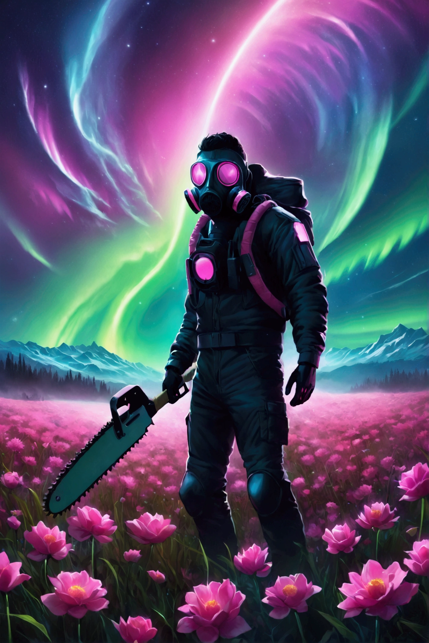  man in gas mask holding a chainsaw in a field of flowers , Aurora in the sky、Cyberpunk Art by Mike "Beeple" Winkelman , Trending on deviantart,  amazing realism ,  retro punk nature wave defender, masterpiece  Spectacular Retrowave Art,  synthwave art style from the 2009 sci-fi 8k film ]!!,  Spectacular Retrowave Art, 