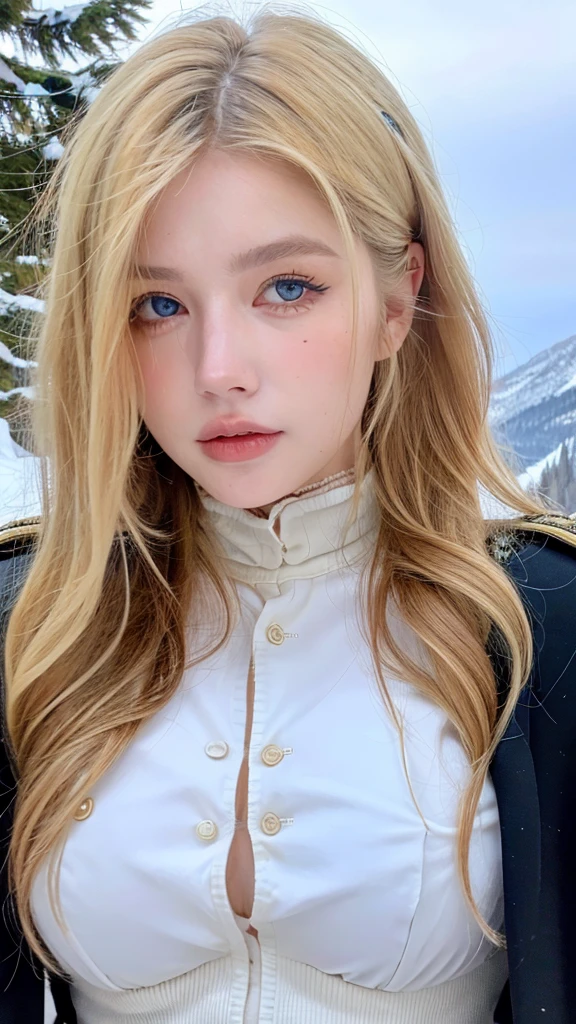 Pretty woman,cute,huge natural breasts, blonde hair curly/flowing, detailed dark BLUE eyes and face, not to skinny, make it ultra-realistic, western european girl, in the snow in the mountains, military uniform (modern military clothing elelments), extremely detailed blue eyes, extremely long wavy blonde hair