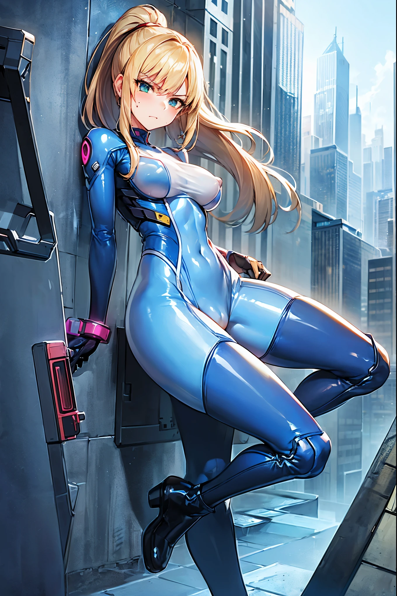 masterpiece, best quality, integrated scenery, integrated background, extremely delicate and beautiful, meticulous details, good composition, , cute face, perfect face, perfect hands,  1girl, Samus Aran (\Metroid\) ,solo, ponytail, blond hair, (transparent_blue_bodysuit:1.5), meticulously_body_shaped_bodysuit,thin_bodysuit, green eyes,angry, in futuristic city,  high quality, large_breasts,(covered_nipple:0.8),crotch, (crotch_slit:1.1),apart_legs,open_legs,slouch,handgun,rise_knee,mole,:).,abs,closed_mouth,dynamic_fighting_pose,short_boots,focus_stomach,