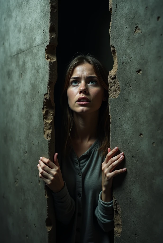 Frightened woman getting stuck behind a newly built wall