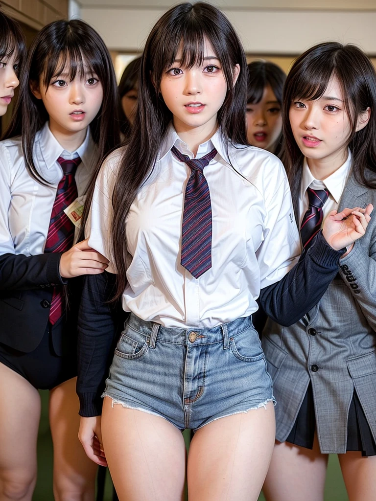 清楚な Japaneseの目がぱっちりした美人女子学生を物色する中年男性たち,   female students are suddenly taken off their school uniforms in front of the public and their sexy underwear is revealed , Female students who are being watched all at once by the public and horny viewers and screaming ,  Female students who are attacked head-on by molesters who are present and reveal an abomination by putting on a shameful face, Forcibly gang raping female students who are ashamed and put up with it :1.3,  nasty men who open their mouths and scream excited by the reaction of the female students ,   female students with a bad face when their underwear gets wet and hopeless due to shame , Short wavy bob hair, Vivid and realistic, blush, Distorted Eyes,  ultra high resolution, 2k,  clear white skin , Slender body,  Japanese,  anatomically correct 