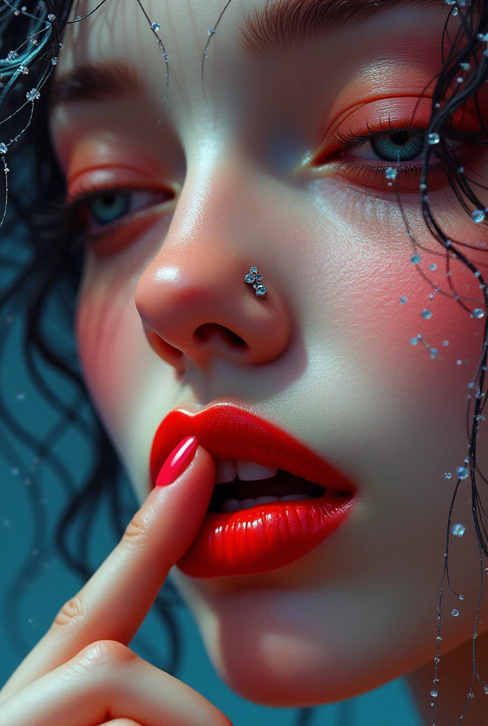 Create a psychedelic image only the mouth and nose of a young woman with a pierced nose and red-lipped mouth licking her finger