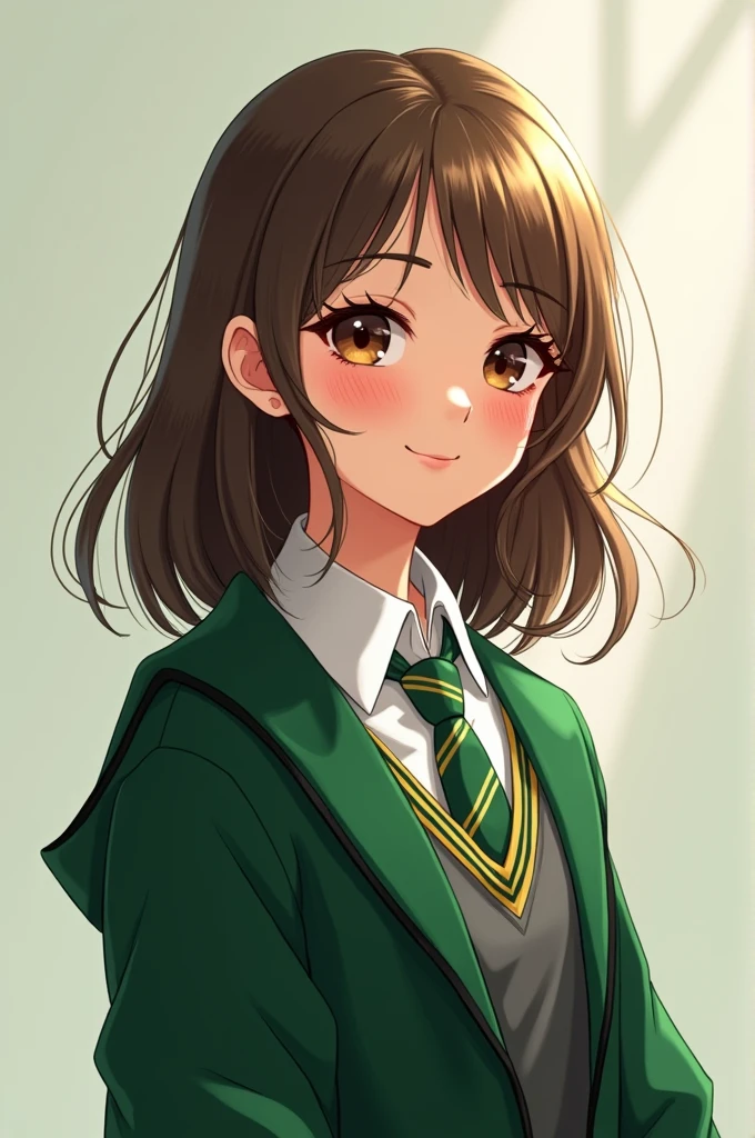 Hasme the oc for profile picture with the Harry Potter slytherin uniform, anime mochi , design, a white girl with semi-long brown hair, medium-large brown eyes, is light and with a sweet smile
