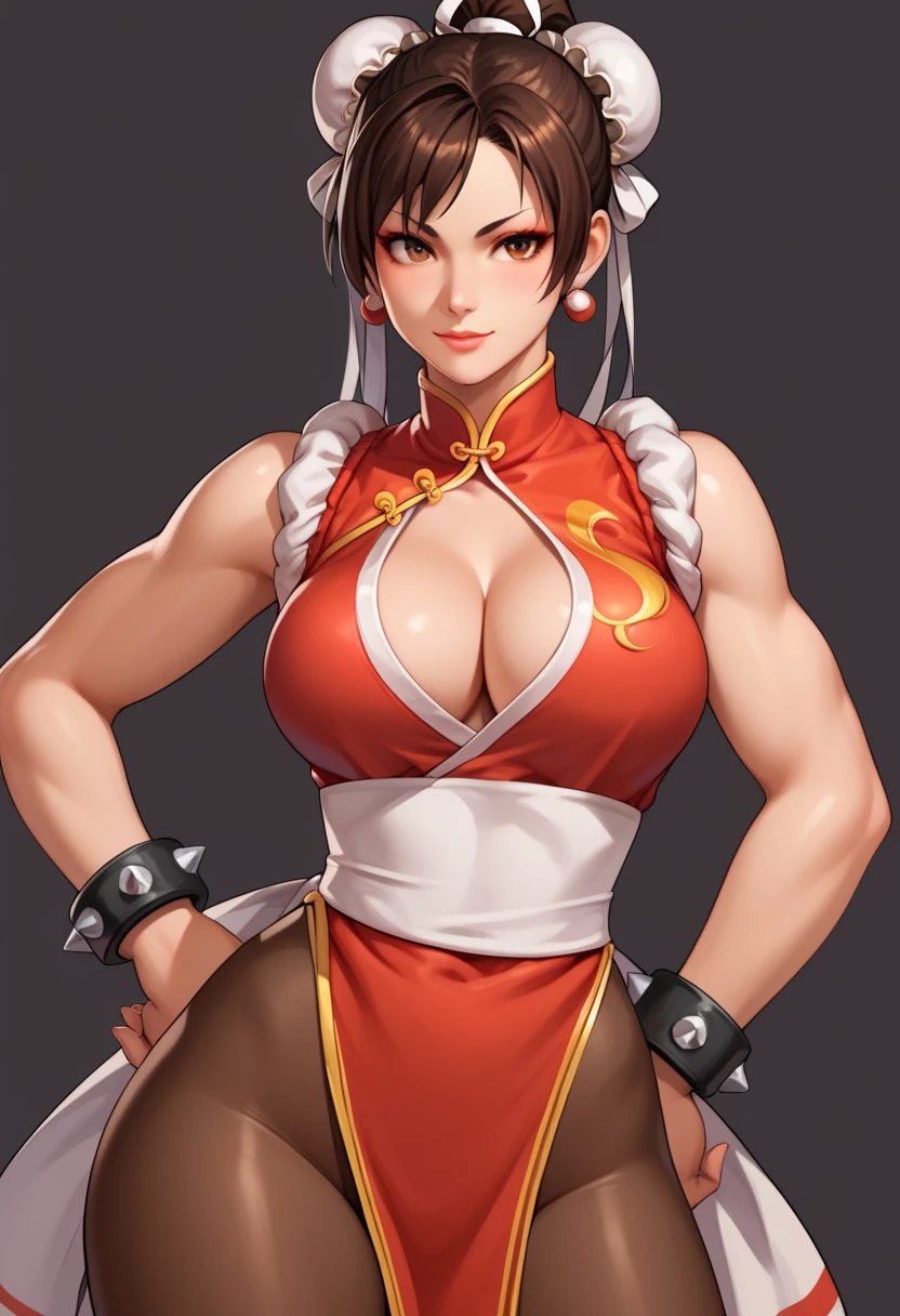 score_9_up, score_8_up, score_7_up,score_6_up, score_5_up, score_4_up , 1girl, solo, PonyShiranui, japanese clothes, revealing clothes, cleavage, high ponytail, CHUNLISF, brown eyes, double bun, bun cover, qipao, spiked bracelet, pantyhose, flirting, cowboy shot, simple background