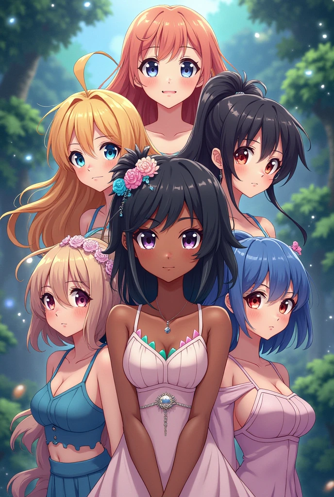 high-level image quality、6+Boys, Holding, Grab yours、kawaii, Tied shirt, Big breasts、Navel , gals,Unique hair color、Bright hair color、colourful hair、Open your clothes,a metalic bikini,Pink Check Ultra Mini Skirt、fishnet tights、Fancy makeup、((Dark skin:1.5)),(multicolored hair:1.2),((Tears flow, Crying in frustration))、Long necklaces and earrings, In the style of a tranquil garden landscape, colorful animation stills, paul gauguin, Embry style, Honest portrayal、