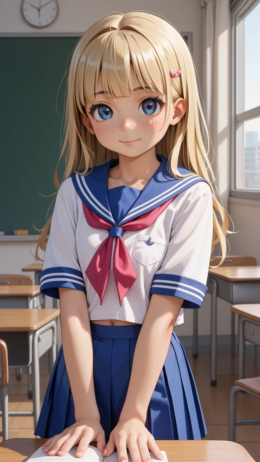 {{{anime}}}、(***,****,cute:1.4)、Blonde、 long hair、 sailor suit、standing、classroom