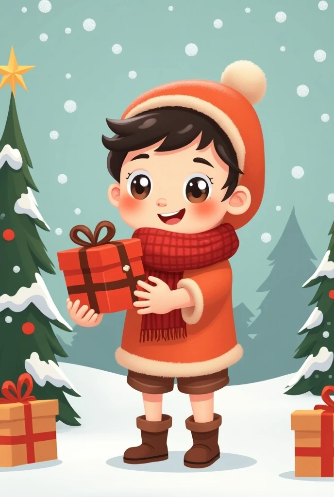 Draw me a picture , chubby boy , boy holding a bag of Christmas gifts