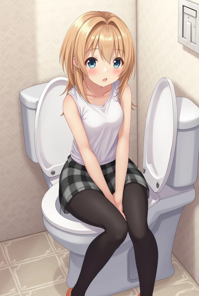 (1 tiny human girl, girl with anatomically perfect body, ultra detailed hands, Perfect hands, ultra detailed face, cute eyes, pale skin:1.3), (hair ribbon, sweater, circle skirt, sandals:1.2), (have to pee, strong need to pee, couldn't hold pee, couldn't stop squirting pee, wetting herself, sweat:1.5), (no choice but to strong hold her pussy, transparent forceful stream squirting pee, Incontinence, pee flowing down lower legs:1.5), (erotic twist of the body:1.2), (leaning forward:1.1), (noon, clear skies, public toilet, standing, opened toilet door, very bright:1.4), (blush, embarrassed, breathless, sigh, pleasure, ???????, half-closed eyes, head tilt, looking away:1.2), (panty pull aside), (closed eyes, closed month:0.9), (Best Quality, masterpiece, 8K, ultra detailed, strong light coming in:1.4), from below, nsfw