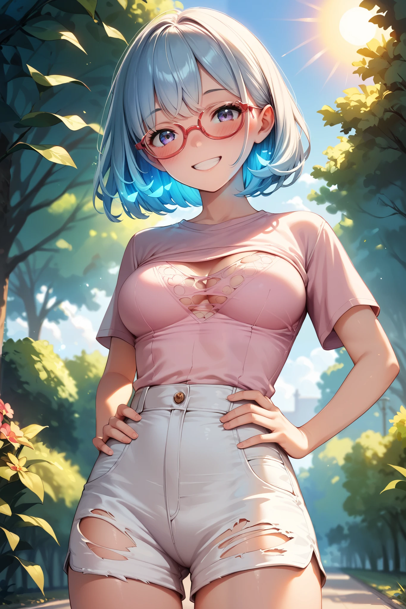 masterpiece, best quality, purah, red glasses, hair ornament, hair stick, red headband, naked, looking at viewer, entrance, garden, leaning forward, upper body, hands to hips, smile,naked, nude, nsfw