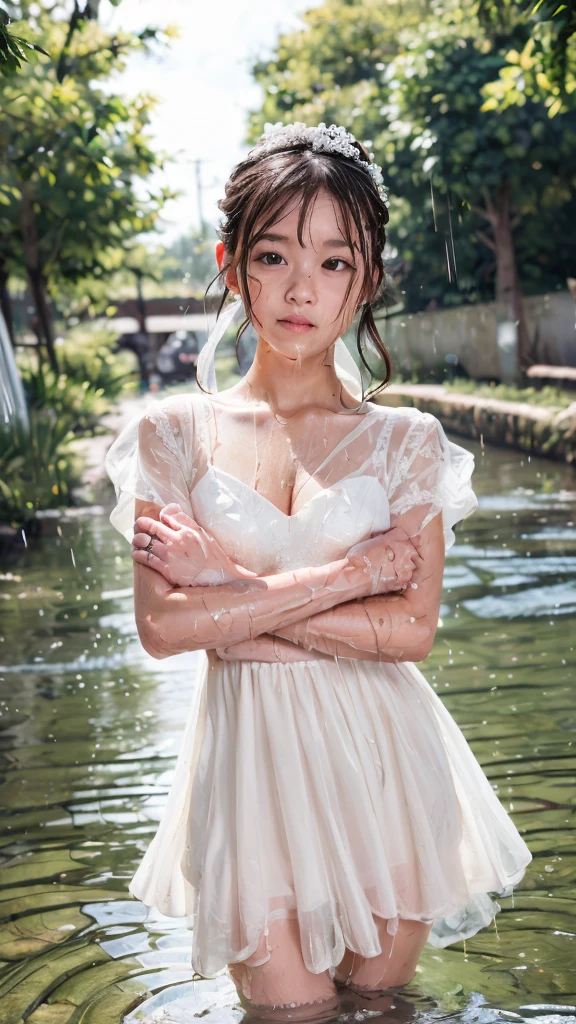 (Highest quality, masterpiece, 4K, photographic, Fine, Realstic:1.4), (1 pretty young girl in soaked white Mini wedding dress:1.3), short stature, squirt, wearing soaked white mini wedding dress, ((covering the crotch with both arms)), very cute, Her wet white mini dress is transparent and her white underwear is clearly visible, white clothes that are wet and see-through, Footage from the knee up, fall in drainage ditch
