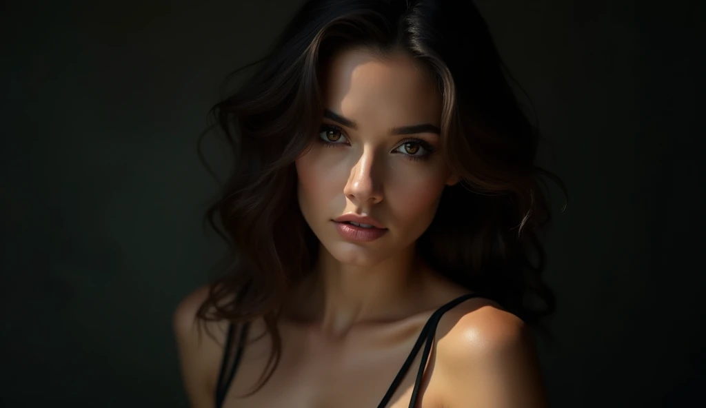 a beautiful naked young woman with long dark brown hair, 23 years old, sensual expression, posing gracefully, cinematic lighting, very detailed face, extremely detailed eyes and lips, detailed skin texture, photorealistic, award winning digital art, cinematic composition, dramatic lighting, rich warm tones
