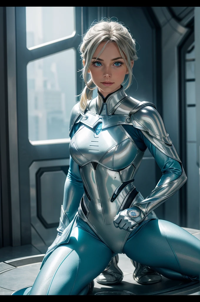 Kara Jor-El, Extremely beautiful, full body, silver S symbol, green, light blue and gray bodysuit, little blue shoe, blue gloves, light blonde hair, blue eyes, full lips, pony tail hair, front view, inside a kryptonian ship, , cinematic, realistic, 8k, SMILE,
