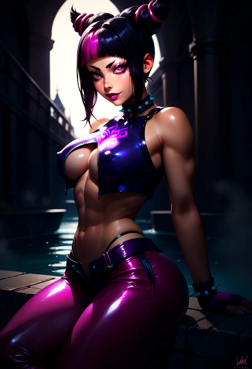 (score_9, score_8_up, score_7_up), 1girl, freckles, 1girl, gorgeous girl ,Juri Han , chaps, purple eyes, black hair, bangs, hair horns, multicolored hair,streaked hair, makeup, lipstick, (perfect body:1.2) cleavage, nipple outline, (slim )(toned), sexy thighs, narrow waist , ((wide hip)) high-rise thong, unzipped chaps, crop top, midriff, tight thong, slutty clothing, ancient bridge in a fog, bokeh, sitting on the edge of the bridge, side view, looking at viewer