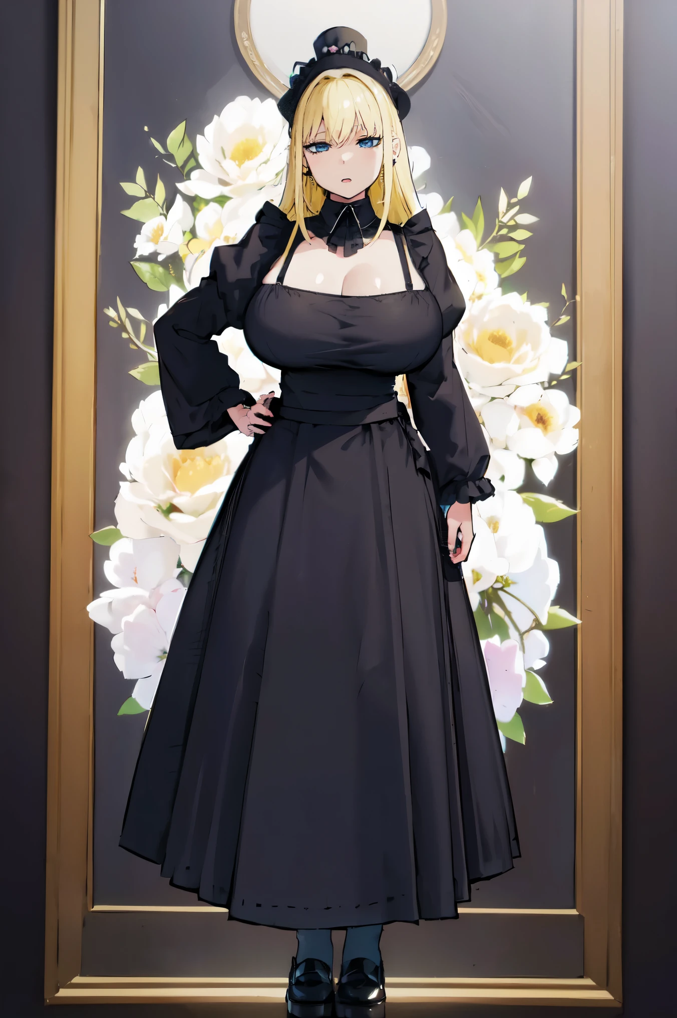 Blonde hair, very huge tits , (((black maid uniform, maid hat, long Sleeve, long skirt))), (victorian maid hat), thick, busty, blue eyes, long hair, upperbody, emotionless, cleavage,legs, thigh, flower garden