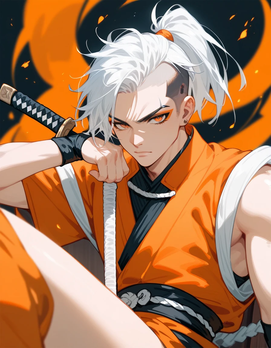 Male Version ,White hair,Undercut hair, Ponytail,Short hair,Tanned,In the orange eyes,Orange kimono,Fierce face, sitting on a chair,thin,samurai