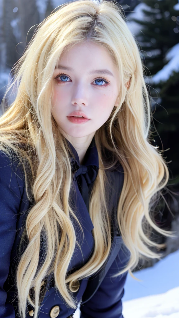 Pretty woman,cute,huge natural breasts, blonde hair curly/flowing, detailed dark BLUE eyes and face, not to skinny, make it ultra-realistic, western european girl, in the snow in the mountains, military uniform (modern military clothing elelments), extremely detailed blue eyes, extremely long wavy blonde hair