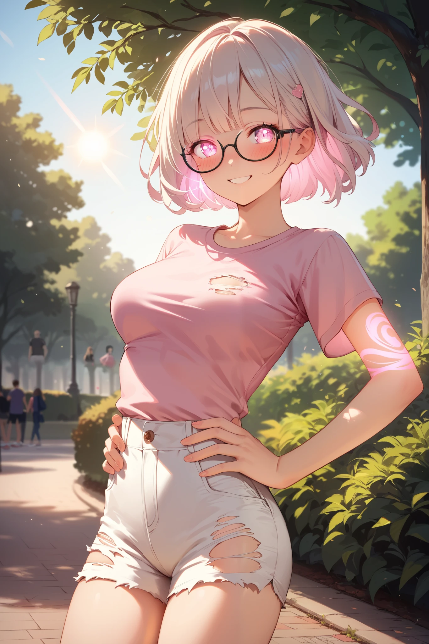 1 beautiful girl, ((anime style)), ((thin square glasses)), ((8k quality)), blueish hair, ((detailed face, slim body)), ((smiling, hands on waist, glowing skin)), pink knitted shirt, ((medium breasts)) white shorts, ((ripped shorts)), ((blush)), ((in a park the sun in the background))