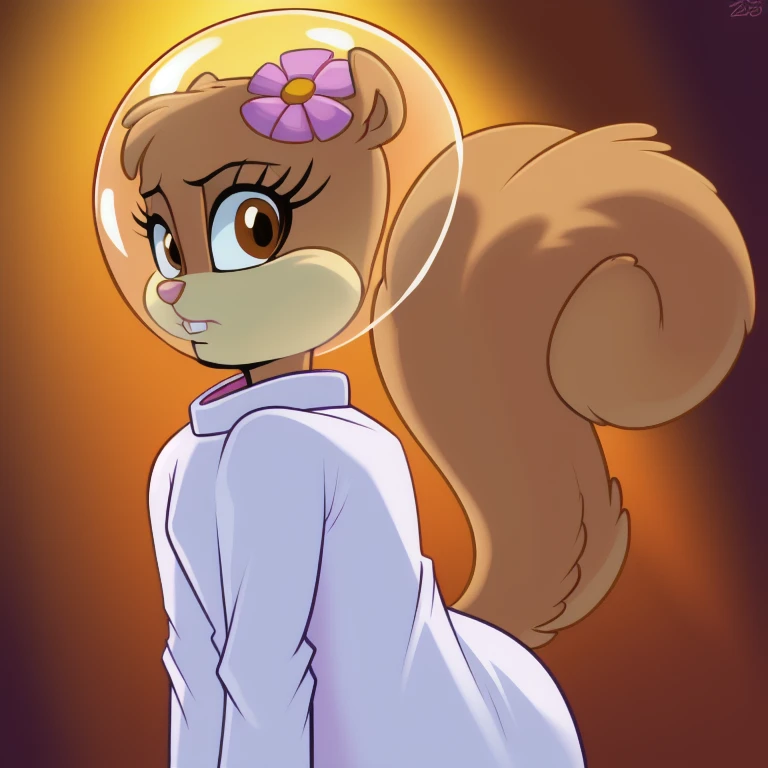 sandy-cheeks, (bubble helmet:1.3), furry female anthro, squirrel girl, portrait, (hair flower:1.1), (white shirt:1.2, long sleeves), solo, (body fur:1.2), (best quality), (warm colors:1.2), dramatic lighting, (detailed fluffy fur:1.1), looking at viewer, small breasts, (tail:1.1), bending over, standing, side view