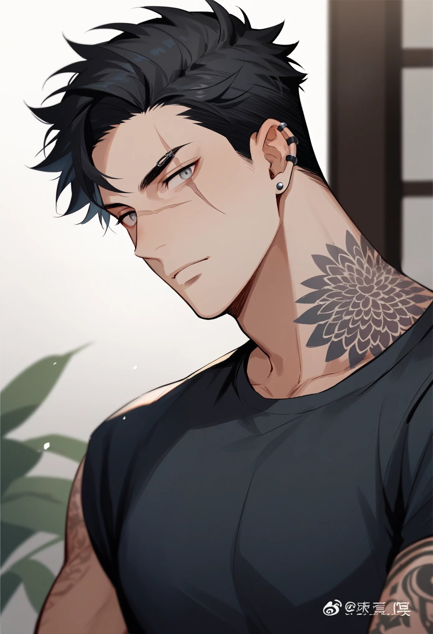 japanese, male, short black hair, gray eyes, scar above left eyes, muscular, tattooed, piercings, wearing black shirt