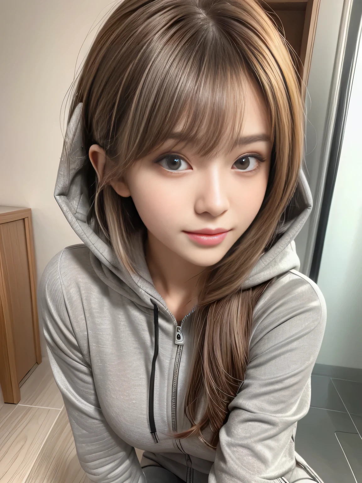 masterpiece, best quality, ultra-detailed, intricately detailed hyperdetailed, realistic, sharp features, highly detailed, sharp focus, (20 years old:1.3), perfect face, perfect symmetrically eyes, perfect full lips, hyper detailed, hyper realistic, high resolution, Fashion Model, Slender, Japanese Idol, (Cute Face:1.2), Red hair, Stylish, Realistic, Photorealistic:1.3, Beautiful Face, light brown hair, messy hair, Beautiful hairstyle, Neat clothes, (Seductive smile:1.2), (Grey Zip Up  Hoodies Sweat:1.2), Solid Long Sleeve Hoodies, (hot pants), Yoga