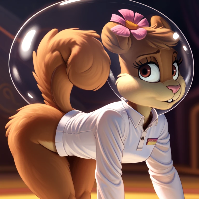 sandy-cheeks, (bubble helmet:1.3), furry female anthro, squirrel girl, portrait, (hair flower:1.1), (white shirt:1.2, long sleeves), solo, (body fur:1.2), (best quality), (warm colors:1.2), dramatic lighting, (detailed fluffy fur:1.1), looking at viewer, small breasts, (tail:1.1), bending over, standing, side view