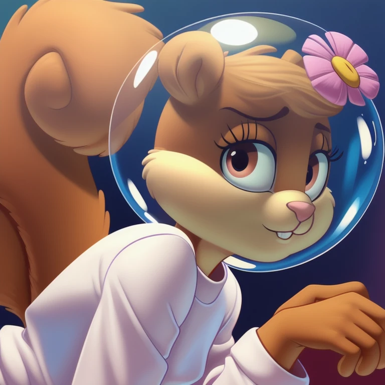 sandy-cheeks, (bubble helmet:1.3), furry female anthro, squirrel girl, portrait, (hair flower:1.1), (white shirt:1.2, long sleeves), solo, (body fur:1.2), (best quality), (warm colors:1.2), dramatic lighting, (detailed fluffy fur:1.1), looking at viewer, small breasts, (tail:1.1), bending over, standing, side view