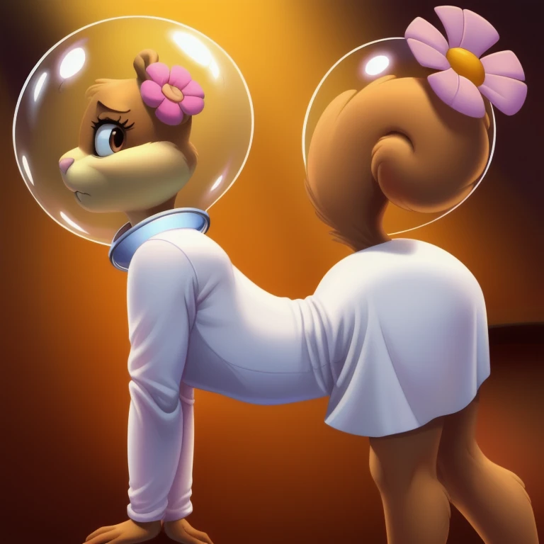 sandy-cheeks, (bubble helmet:1.3), furry female anthro, squirrel girl, portrait, (hair flower:1.1), (white shirt:1.2, long sleeves), solo, (body fur:1.2), (best quality), (warm colors:1.2), dramatic lighting, (detailed fluffy fur:1.1), looking at viewer, small breasts, (tail:1.1), bending over, standing, side view