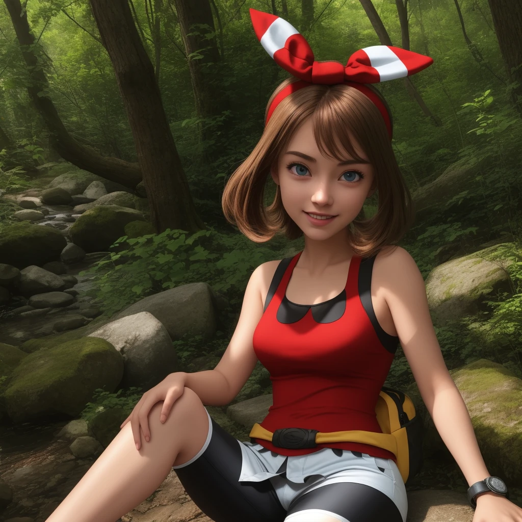 pkmnmay, 1girl, solo, blue eyes, brown hair, bangs, hair ribbon, red hairband, bow hairband,
red shirt, tank top, sleeveless, white shorts, black bike shorts, bike shorts under shorts, bracelet,
smile,closed mouth,cowboy shot,sitting,
forest,outdoor,
(insanely detailed, beautiful detailed face, masterpiece, best quality) cinematic lighting,