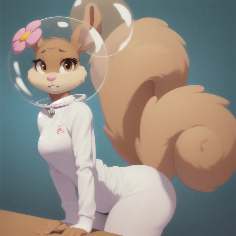 sandy-cheeks, (bubble helmet:1.3), furry female anthro, squirrel girl, portrait, (hair flower:1.1), (white shirt:1.2, long sleeves), solo, (body fur:1.2), (best quality), (warm colors:1.2), dramatic lighting, (detailed fluffy fur:1.1), looking at viewer, small breasts, (tail:1.1), bending over, standing, side view