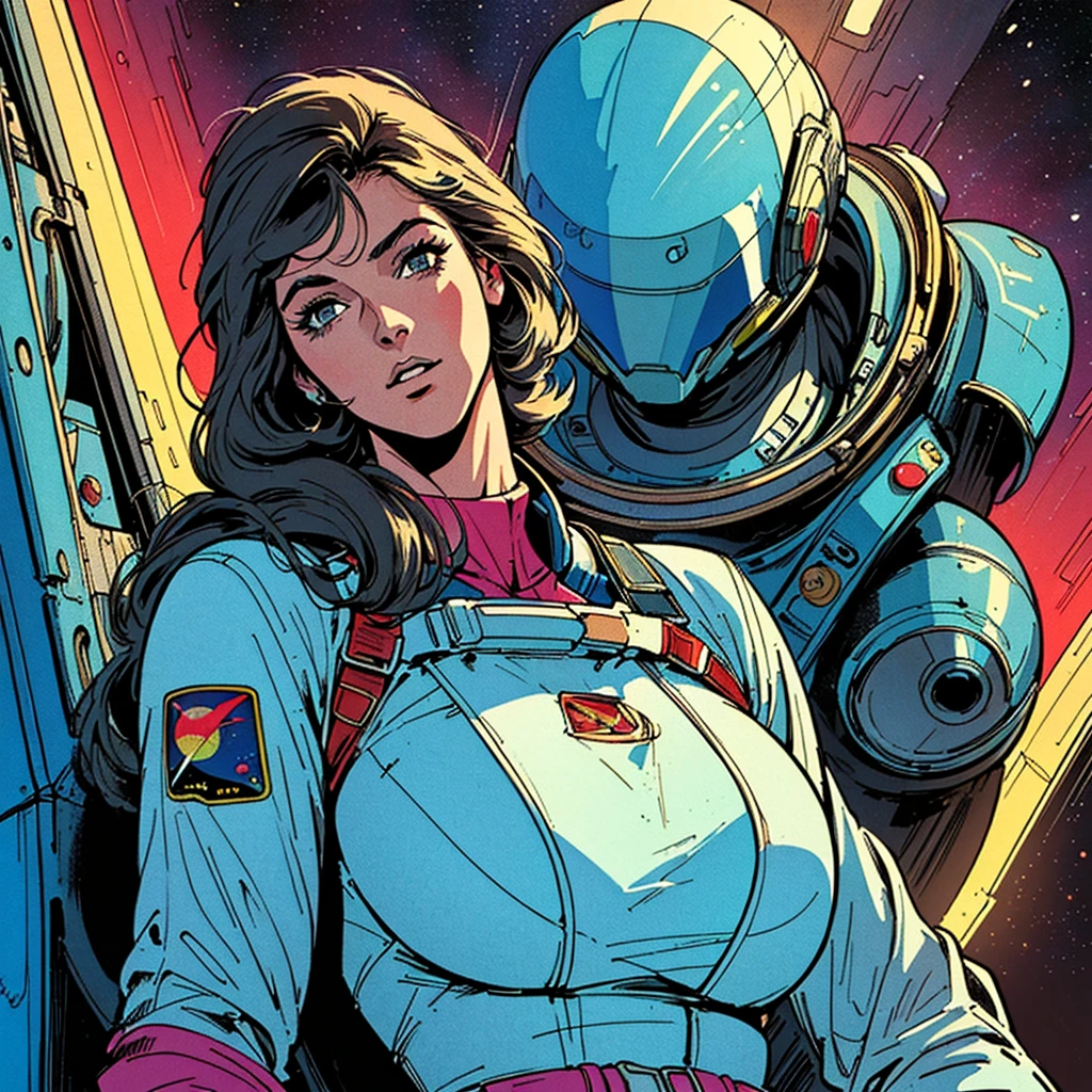 ((( Best Quality Masterpiece ))),(((Absolutely 1 woman))),(spacesuit that emphasizes cleavage ),((( 70s and 80s space thriller movie posters))),( American Comics ),((( retro vintage style ))),Overwhelmingly complex depiction,Absolute machine group background, futuristic cyberpunk ,Extremely accurate and delicate depiction,