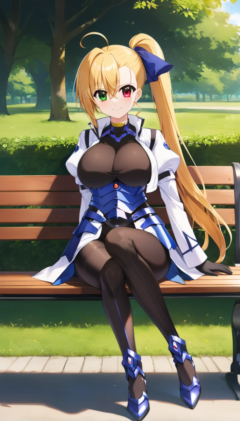 ((full body)), score_9,  score_8_up,  score_7_up,  score_6_up,  score_5_up,  score_4_up, sauce_Anime, bbvivio, aged up, Long Hair,  blond hair, Ahoge,   Side Ponytail ,   hair bow,  heterochromia,  Big Breasts ,  black bodysuit ,  cropped jacket ,   white jacket,  Puff Sleeves ,  Long Sleeve ,  black gloves , armor,  sitting, bench, Outdoor, smile, Wavy,