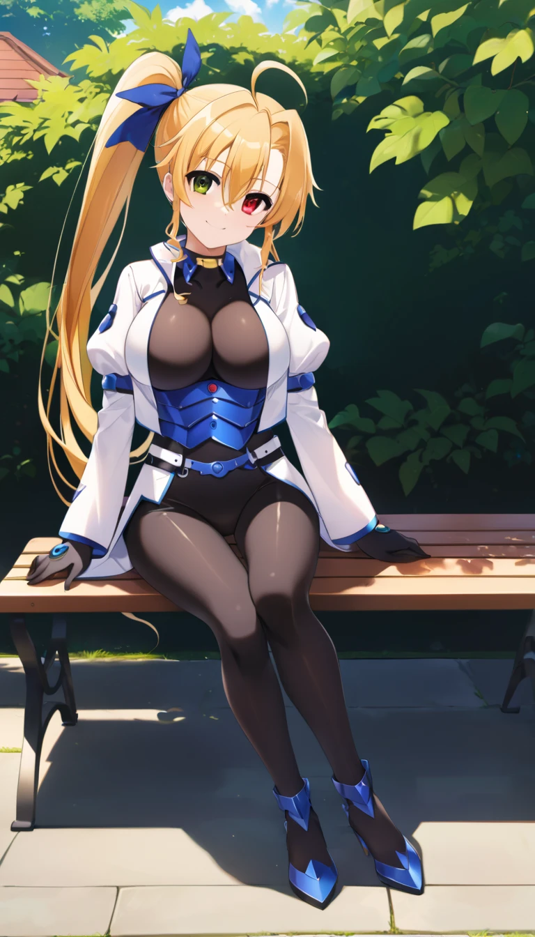 ((full body)), score_9,  score_8_up,  score_7_up,  score_6_up,  score_5_up,  score_4_up, sauce_Anime, bbvivio, aged up, Long Hair,  blond hair, Ahoge,   Side Ponytail ,   hair bow,  heterochromia,  Big Breasts ,  black bodysuit ,  cropped jacket ,   white jacket,  Puff Sleeves ,  Long Sleeve ,  black gloves , armor,  sitting, bench, Outdoor, smile, Wavy,