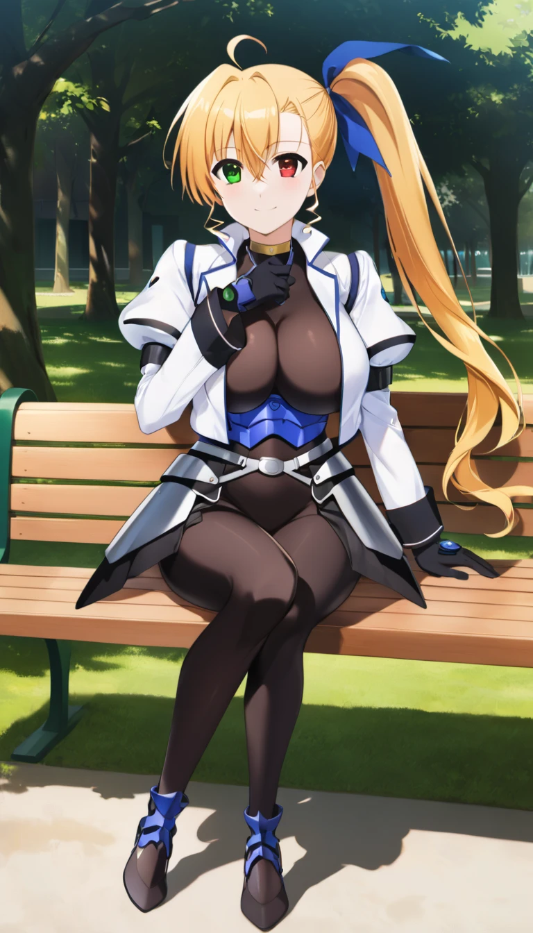 ((full body)), score_9,  score_8_up,  score_7_up,  score_6_up,  score_5_up,  score_4_up, sauce_Anime, bbvivio, aged up, Long Hair,  blond hair, Ahoge,   Side Ponytail ,   hair bow,  heterochromia,  Big Breasts ,  black bodysuit ,  cropped jacket ,   white jacket,  Puff Sleeves ,  Long Sleeve ,  black gloves , armor,  sitting, bench, Outdoor, smile, Wavy,