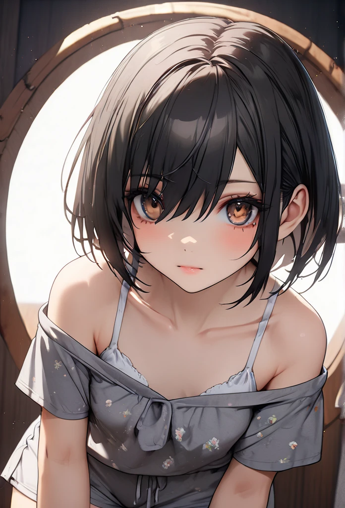 shorthair , ( Brown Eyes :1.5), Loungewear、 shorts , black hair 、Bob, ( small breasts:1.2), break looking at viewer, break outside, break (masterpiece:1.2), best quality, high definition , unity 8k Wallpaper , (shape:0.8), (beautiful Eye for detail:1.6), extremely deしっぽed face, perfect lighting, extremely detailed CG, (Perfect hands, complete anatomy),