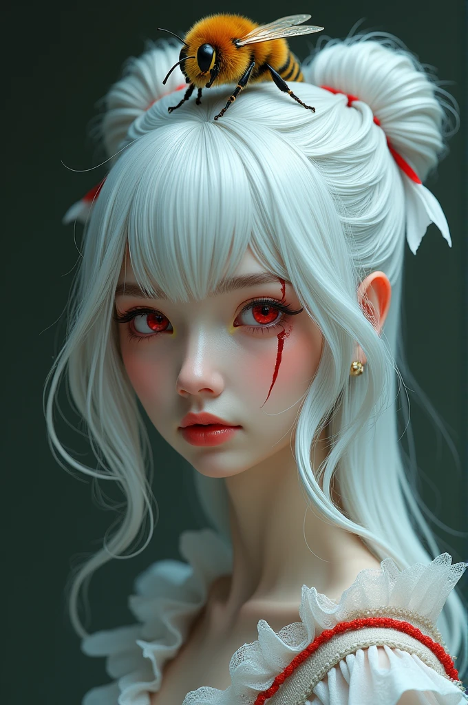 white hair, long hair, hair over one eye, hair bow, mouth veil, mouth veil, flower on head, crying with eyes open, red eyes, color contact lenses, crying, anime style, cinematic lighting, ray tracing, character chart, panorama, UHD, highres, 8k --auto
