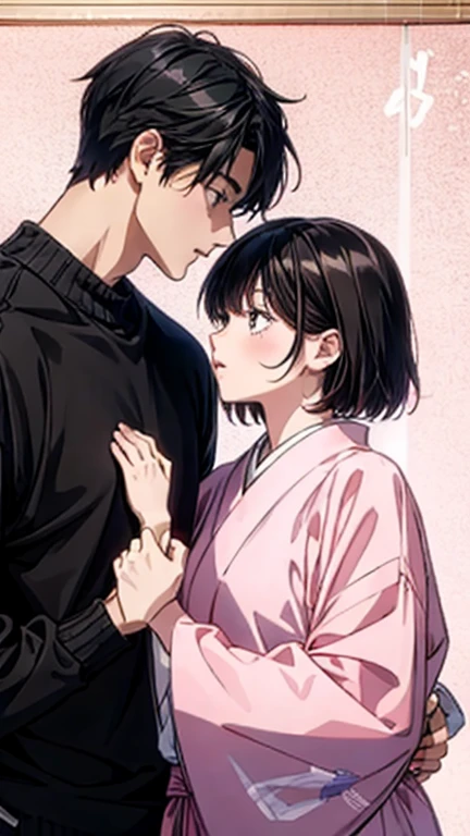 Beautiful young people,  black hair,  shorthair ,  pink sweater,  black cat with pink ribbon, Right before the kiss, cute and stylish room , High Quality , Pictures,  pixiv illustration ,  Japanese Anime, Clear line drawing, Transparent watercolor, Clear Shading