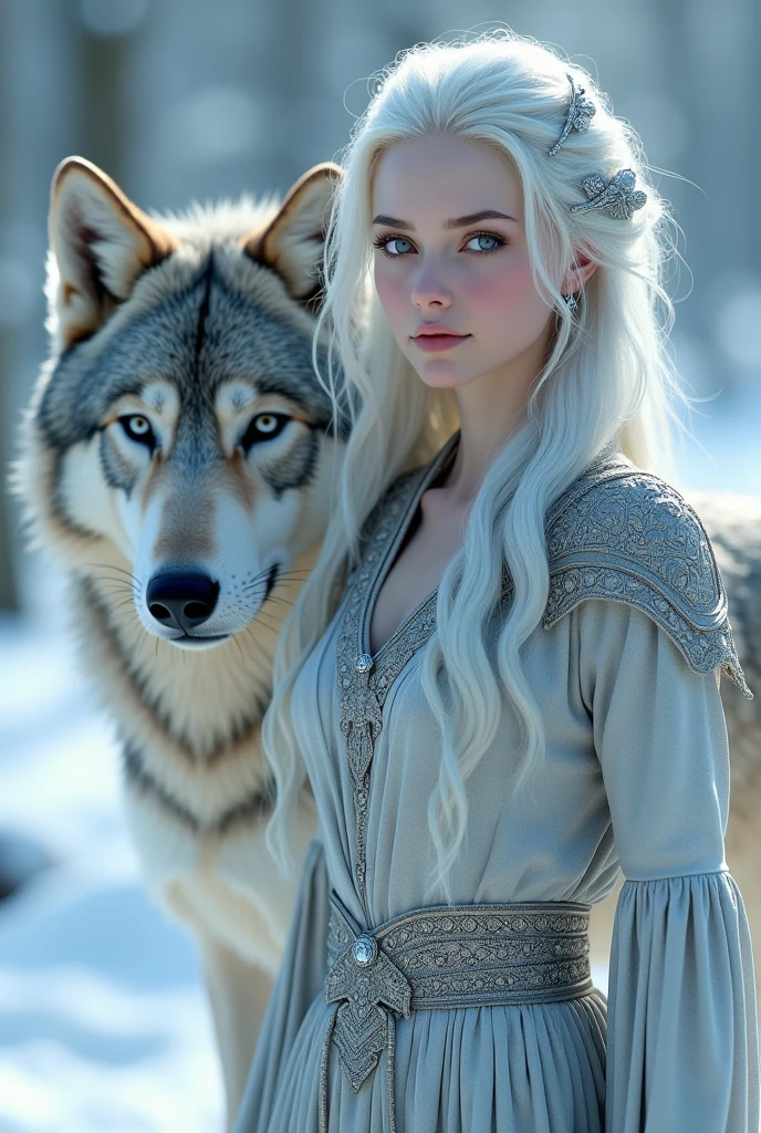 Icy haired girl with gray eyes accompanied by gray wolf