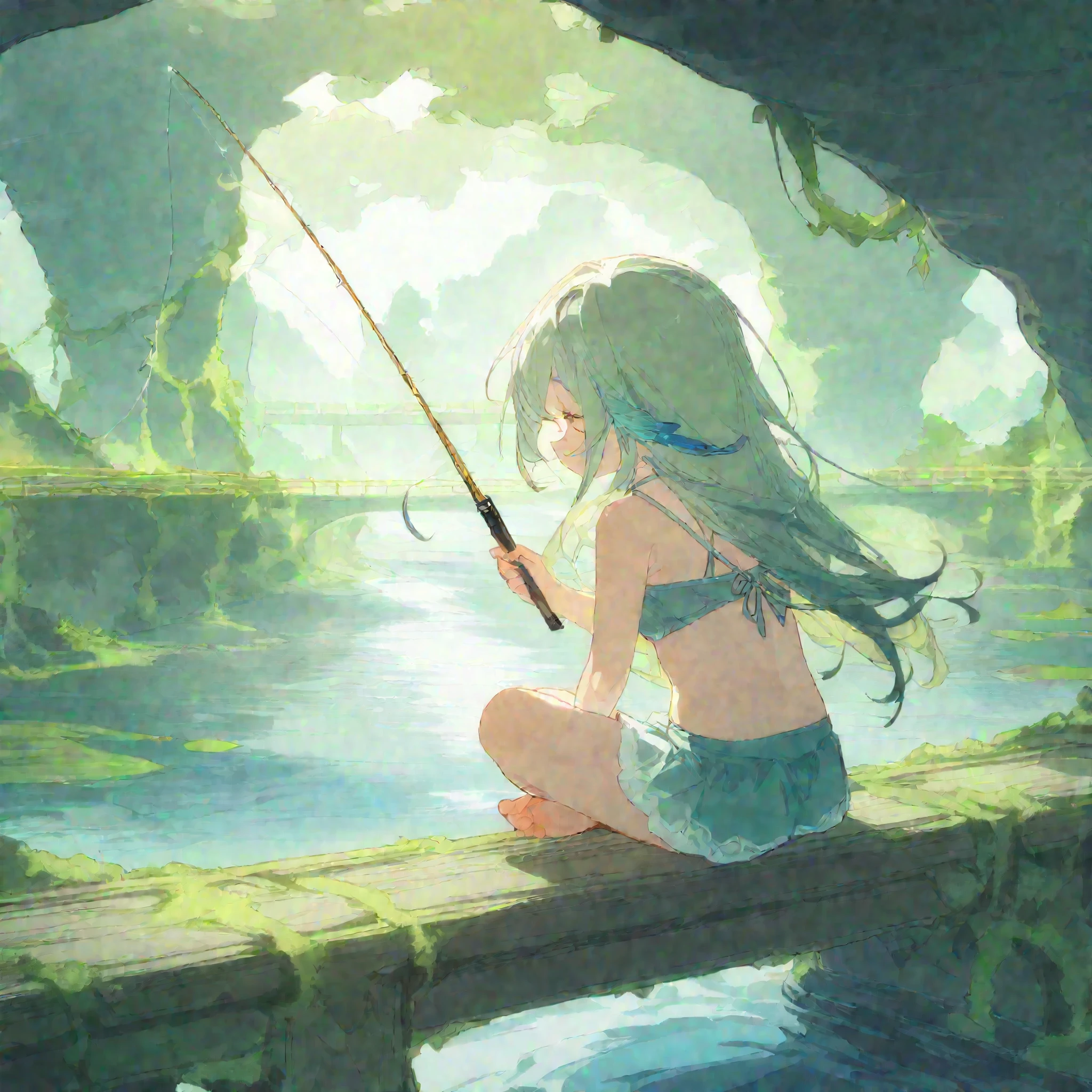 masterpiece, best quality, ultra-detailed, pastel tones, 
theme color green,chibi, masterpiece, best quality, 8k, highres, ultra-detailed, chibi, 1girl,girl close up, back view, long hair, pastel hair color, holding fishing rod, enjoying fishing,indian style sitting, ancient bridge, moss covered, overgrown vines, sitting on bridge, dense fog, soft light, tranquil atmosphere, muted colors, serene landscape, ethereal ambiance, weathered materials, diffuse lighting, mystical environment, lake, fish poking head out of water, playful, cute, foggy effect covering the scene