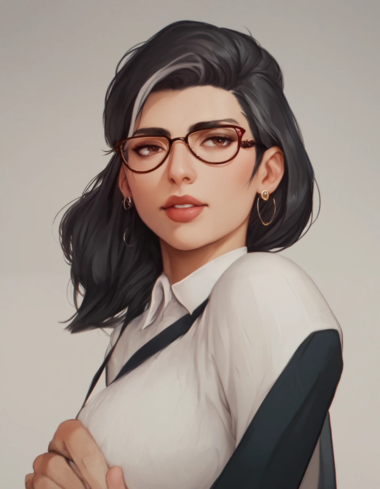 An illustration of a latin caribian colombian woman with natural hair, short hair, soft makeup, purple blouse with turtleneck, red lipstick, wearing prescription glasses, green chroma key background