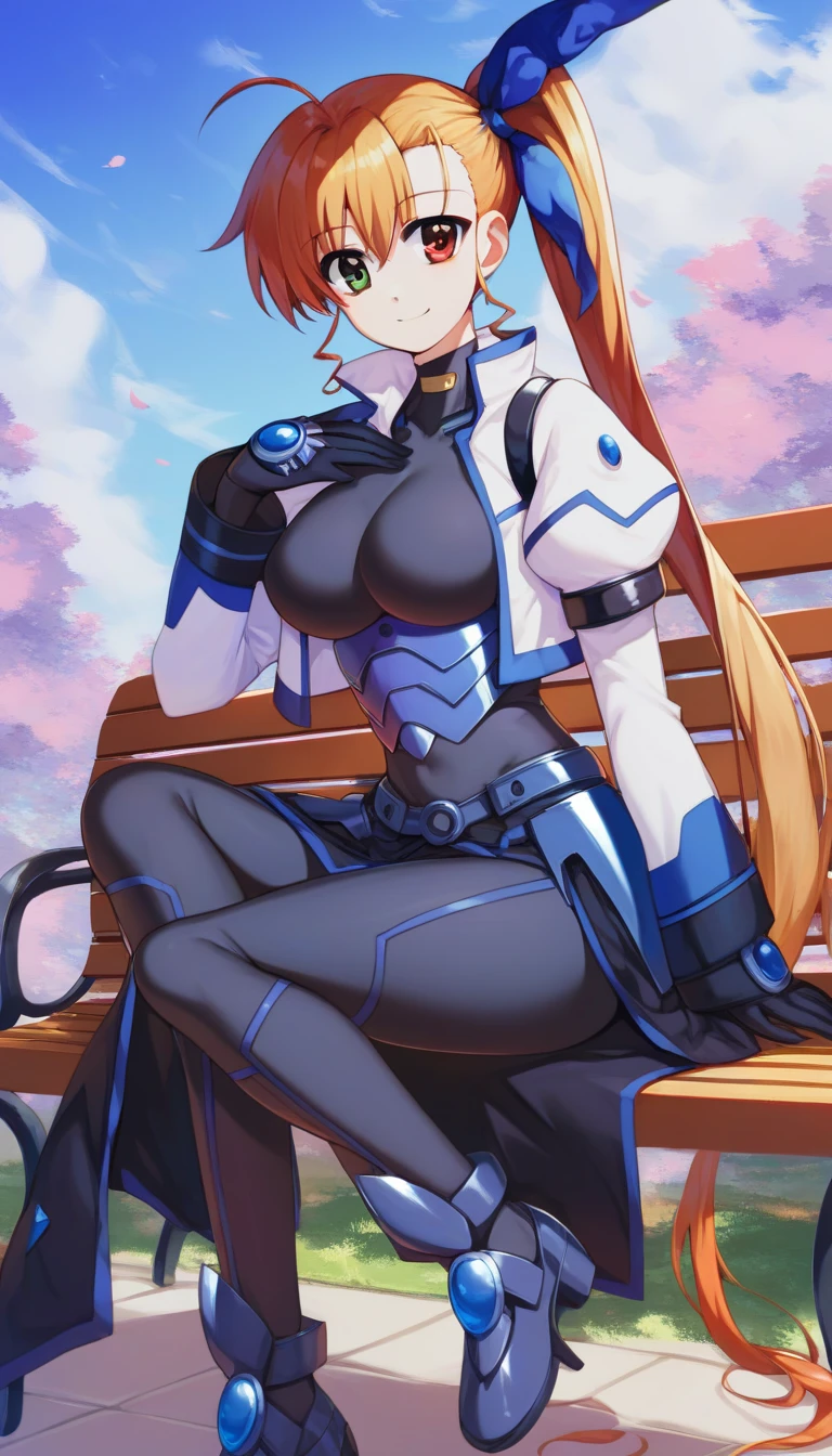 ((full body)), score_9,  score_8_up,  score_7_up,  score_6_up,  score_5_up,  score_4_up, sauce_Anime, bbvivio, aged up, Long Hair,  blond hair, Ahoge,   Side Ponytail ,   hair bow,  heterochromia,  Big Breasts ,  black bodysuit ,  cropped jacket ,   white jacket,  Puff Sleeves ,  Long Sleeve ,  black gloves , armor,  sitting, bench, Outdoor, smile, Wavy,