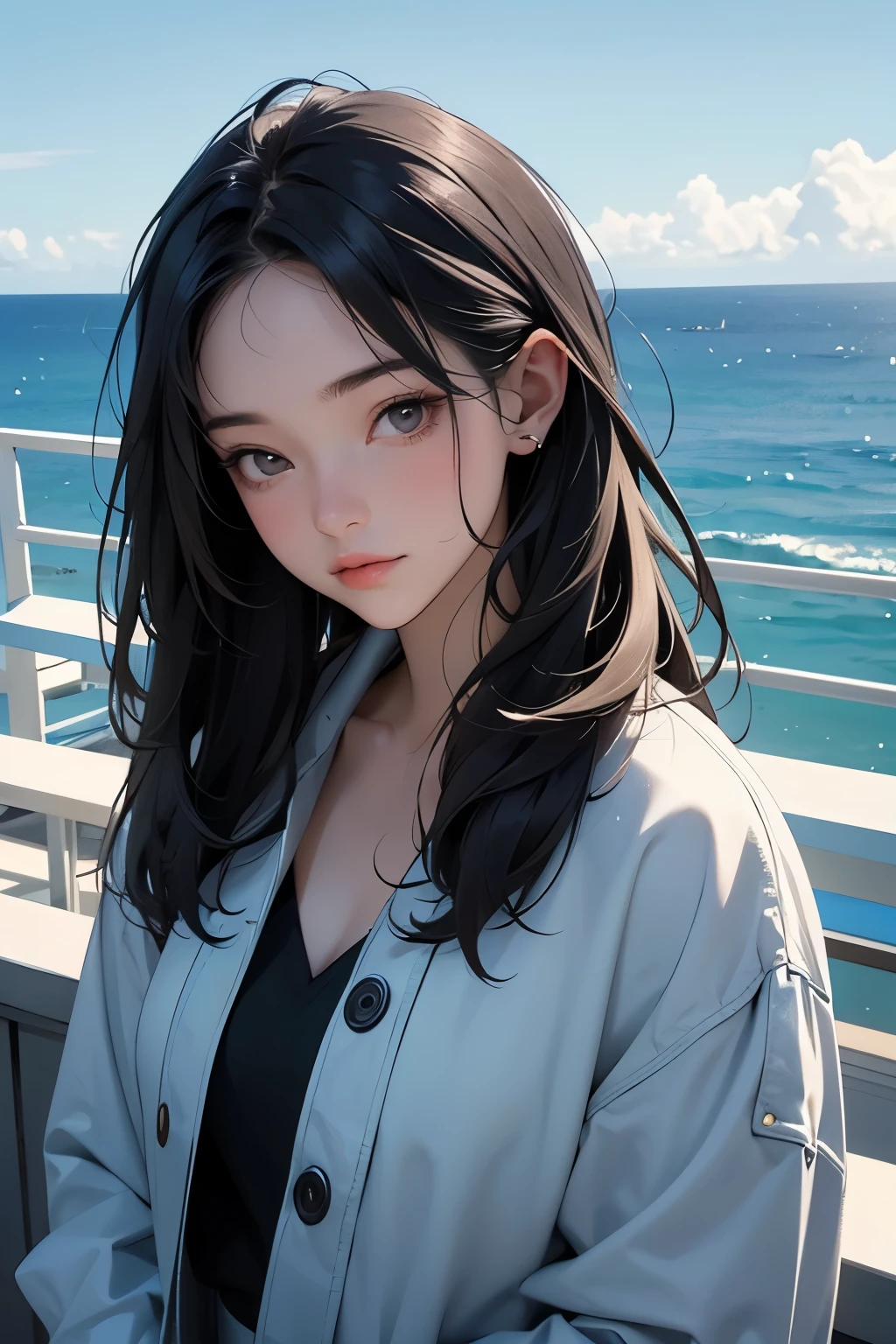 ((最high quality, 8K, masterpiece: 1.3, Ultra HD, high quality, 最high quality, High resolution, realism)) 、Beautiful 18 year old Japanese woman、Hair is black、Iridium Hair、My hair is wavy、smile、I want to keep my head out of the screen.、sit on a high breakwater on the beach、The blue sky is beautiful、There is a cloud at the entrance、that'summer、 jeanstshirt、There is a road in front of the breakwater.、There is a sign indicating the bus stop.、The sea is beautiful、Beautiful Horizon、 island can be seen offshore
