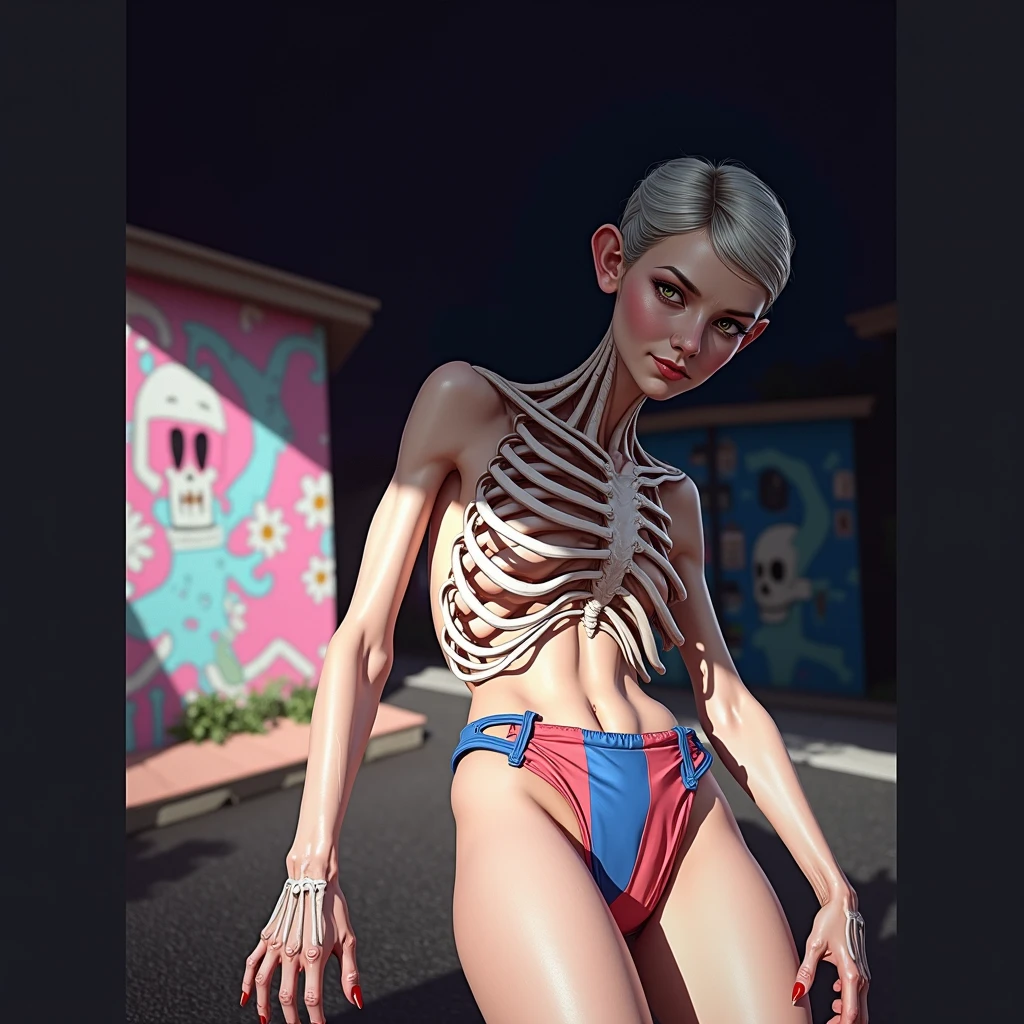 emaciated,鎖骨,sternum,the ribs,pelvic bone,big breasts thin waist,Thin leg,hunger,tight leather pants
