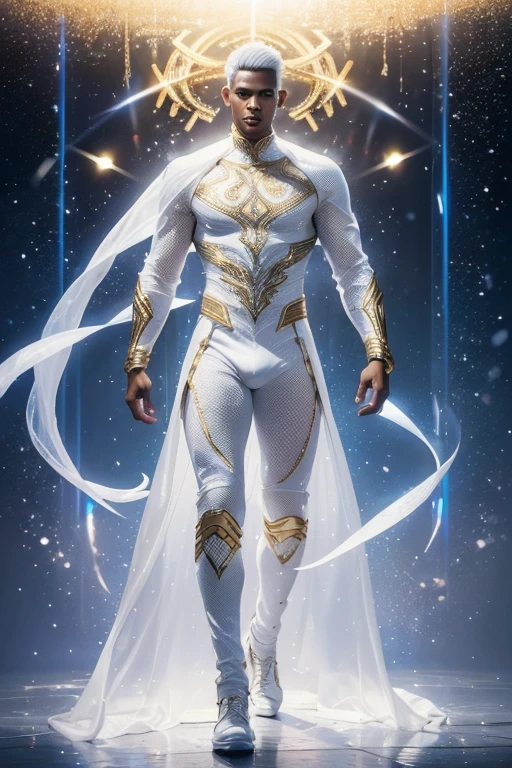 Full body photorealistic handsome hunky masculines slender futuristic African American male hero with white hair wearing a white and gold micro scale textured transparent mesh costume, with golden details. and wristbands that can manipulate light, his body is covered with energy of light,,super Bulge. In action..