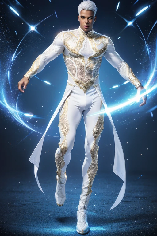 Full body photorealistic handsome hunky masculines slender futuristic African American male hero with white hair wearing a white and gold micro scale textured transparent mesh costume, with golden details. and wristbands that can manipulate light, his body is covered with energy of light,,super Bulge. In action..