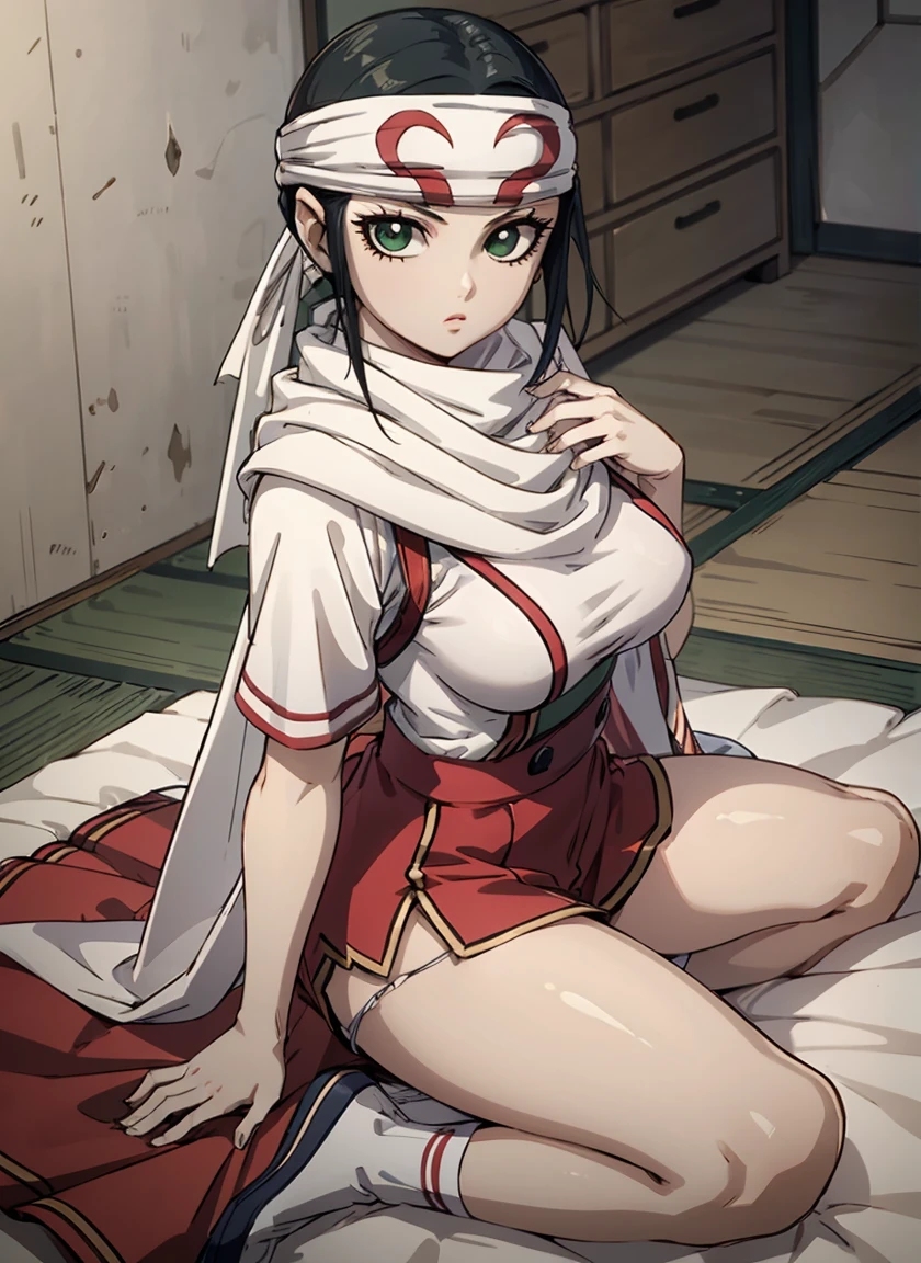 masterpiece,  best quality,  1 girl,  black hair,  ponytail, green eyes,  Headband, scarf、 white short sleeve shirt from the front:1.9、Torn shorts、 holding white socks 、Busty women ,  full body shot、、 Japanese-style room:1.8、Sitting on a futon 、 sit with your legs wide apart、 Alone,  staring at the viewer , Torn Skirt,  white panties、 sexual arousal、 beautiful girl with beautiful details ,  very cute ,  beautiful girl with beautiful details , Professional photography lighting  ,  highly detailed eyes and face,  beautifully detailed eyes and beautifully detailed hair,  beautiful and detailed cold faces,  big butt ,  thick thighs ,  VERY SEXY