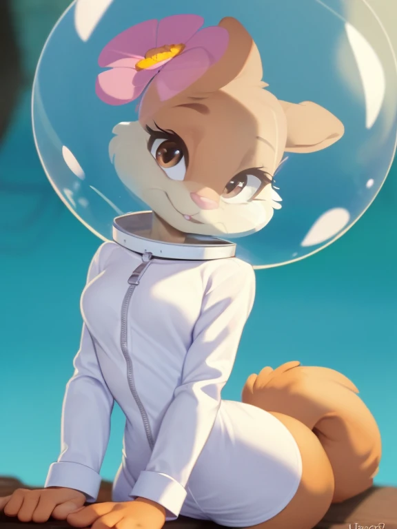 sandy-cheeks, (bubble helmet:1.3), furry female anthro, squirrel girl, (hair flower:1.1), (white shirt:1.2, long sleeves), solo, (body fur:1.2), (best quality), (warm colors:1.2), dramatic lighting, (detailed fluffy fur:1.1), looking at viewer, small breasts, (tail:1.1), on knees, straddling