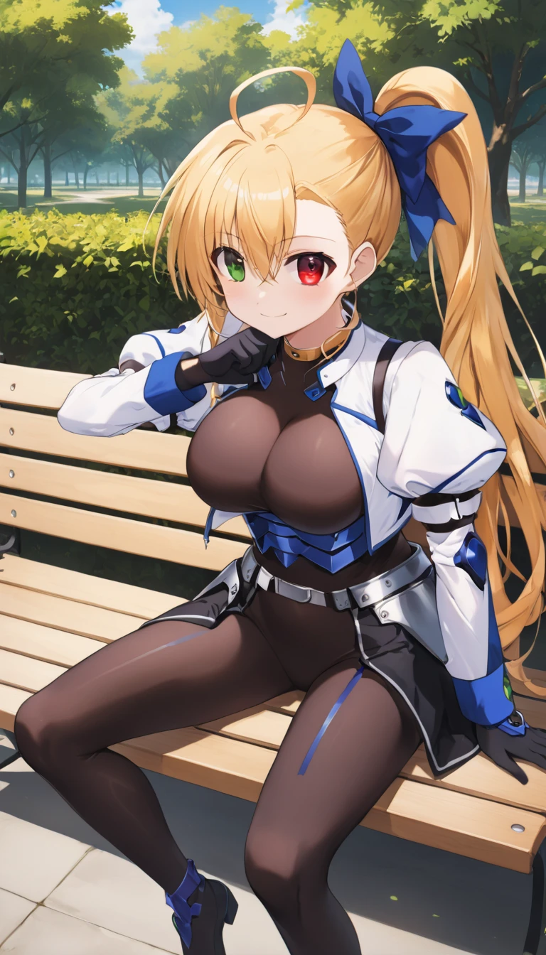 ((full body)), score_9,  score_8_up,  score_7_up,  score_6_up,  score_5_up,  score_4_up, sauce_Anime, bbvivio, aged up, Long Hair,  blond hair, Ahoge,   Side Ponytail ,   hair bow,  heterochromia,  Big Breasts ,  black bodysuit ,  cropped jacket ,   white jacket,  Puff Sleeves ,  Long Sleeve ,  black gloves , armor,  sitting, bench, Outdoor, smile, Wavy,